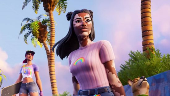 Fortnite chapter 3 season 5 will include Creative 2.0. This image shows a woman sitting down with a rainbow top.