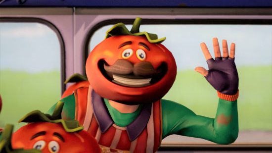 Fortnite Crew pickaxe gets cooler (as long as you stay subscribed). This image shows Tomatohead waving at you.