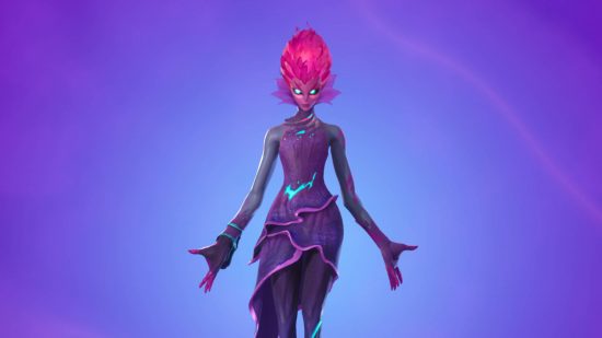 Fortnite Herald quests - the Herald skin is a purple woman wearing a frayed violet dress and has magenta hair. Her eyes and waist have a cyan glow and her hands are outstretched.