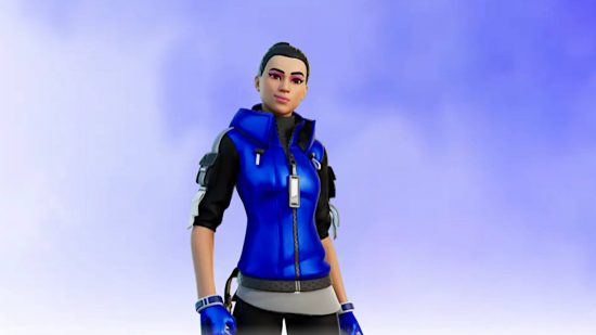 Fortnite Let Them Know - a woman in a blue and black jacket wearing blue gloves is standing in front of a lightly blue spray painted wall.