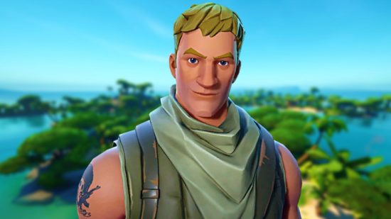 Fortnite live event for Chapter 4 leaks ahead of time: a blurred image of a Fortnite island in the background, with character Jonesy smirking in the foreground, wearing a sleeveless battle vest and scarf