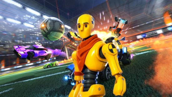 Fortnite map pits Rocket League cars against the battle royale storm: A crash test dummy in the middle of racing game Rocket League