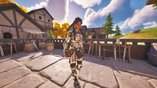 Fortnite NPC locations - Scrapknight Jules is tending to her smithy in the medieval parts of Faulty Splits.