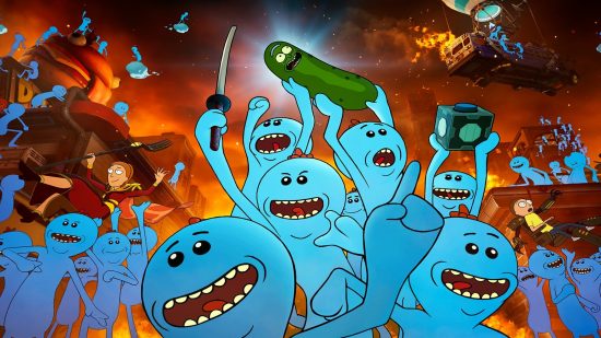 Fortnite Rick & Morty leak could mean a new crossover is coming. This image shows an array of Mr Meeseeks and other Rick & Morty characters. 