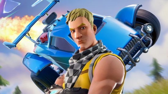 Fortnite battle royale modes now include Rocket League cars. This image shows Jonesy in front of a Rocket League octane.