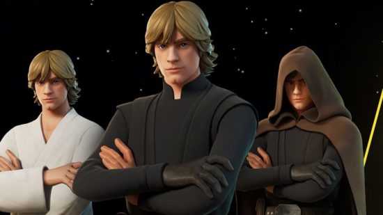 Fortnite Star Wars collaboration. This image shows three versions of Luke Skywalker.