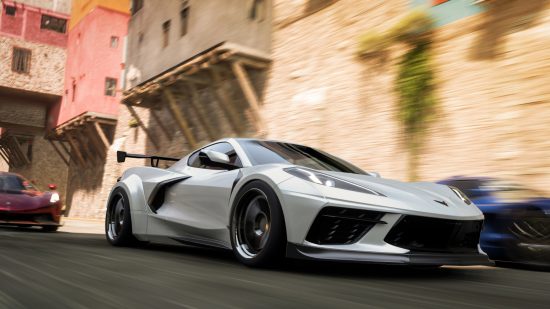 A white supercar zooms past its competitors, in a Forza Horizon 5 racing event