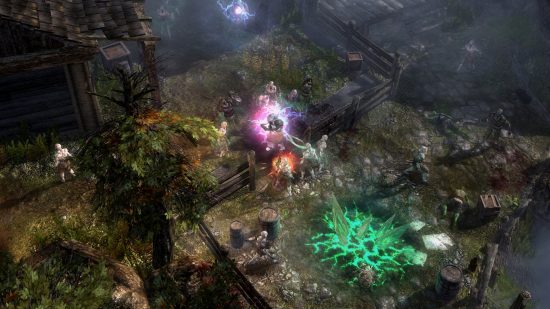 Games like Diablo Grim Dawn: A group of heroes in Grim Dawn going up against zombie hordes at a deserted farmstead, casting powerful spells to keep them at bay.