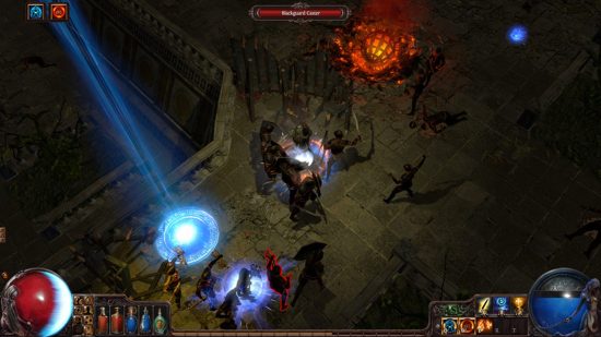 Games like Diablo Path of Exile: A group of heroes in Path of Exile takes on a gang of blackguards wielding sqords and crossbows on a crumbling castle walkway.