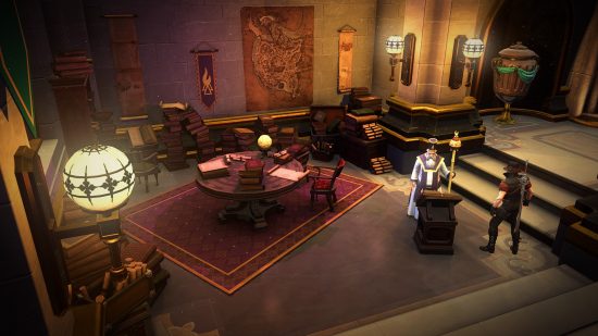 Jocuri precum Diablo Victor Vran: o bibliotecă din Victor Vran, cu cărți stivuite în sus pe podea și mese și vărsând din piepturi, în timp ce sulurile și hărțile aliniază pereții