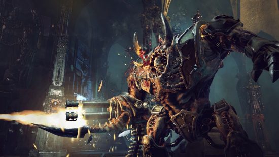 Games like Diablo Warhammer Inquisitor: An enormous reanimated skeletal soldier firing a minigun fused to its arm in Warhammer Inquisitor, its patchwork body covered in blood and gore.