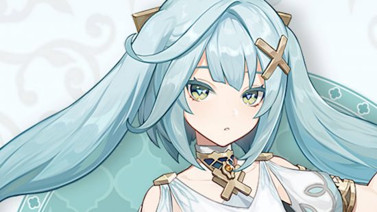 Genshin Impact 3.3 release date: Farzuan is a youthful girl with light blue hair. She is wearing a cross-shaped pendant and hair clip.