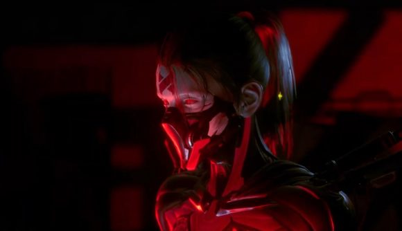 Ghostrunner 2 announcement: A cyborg woman with red eyes and a mask obscuring her face is seen close-up, lit by ominous red light