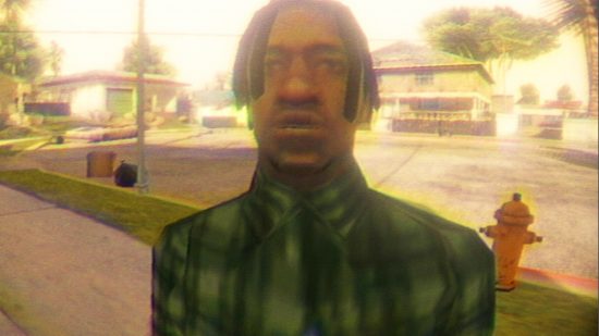 GTA: San Andreas horror game turns Rockstar’s Grove Street into FNAF: A Grove Street gangster in green plaid from San Andreas stares ominously at a CCTV camera