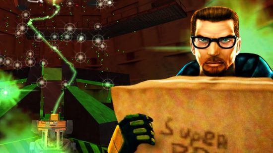 Half-Life mod offers new ending if you constantly hold a cardboard box: A scientist in an HEV suit, Gordon Freeman from Half-Life, clutches a box in Black Mesa