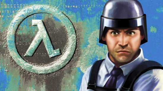 Half-Life remaster, out now, makes Valve’s iconic FPS game even better: A security guard, Barney from Blue Shift, stands against a blue background in full armour