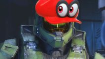 Halo Infinite Forge map of Peach’s Castle from Mario 64 playable now: a picture of master chief in his green space armour, with mario's red had on his head with two eyes