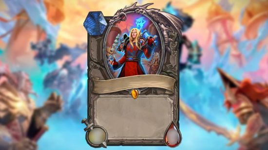 Hearthstone card reveal: The Astalor Bloodsworn card with the text removed on top of a blurry photo of the Lich King