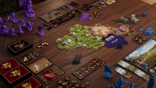 Heroes of Might and Magic 3 board game: A fantasy board game set up on a table, with hexagonal map tiles, miniatures, dice, and cards for keeping track of hero and town statistics