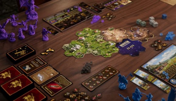 Heroes of Might and Magic 3 board game: A fantasy board game set up on a table, with hexagonal map tiles, miniatures, dice, and cards for keeping track of hero and town statistics