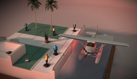 Embracer closes Square Enix Montreal: A scene in Hitman Go shows a private plane on pontoons docked by a lawn with two palm trees and several figurines placed around a black track connecting several nodes
