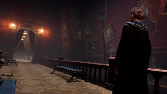 Hogwarts Legacy Floo Flame locations and fast travel: A student stands before a long hallway