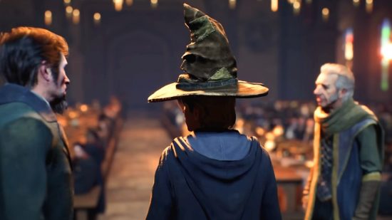 Import your house to Hogwarts Legacy: The sorting hat is placed atop a student's head