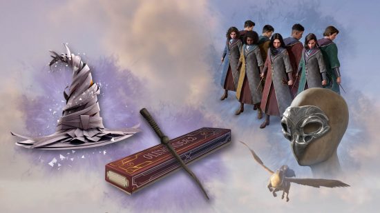 Hogwarts Legacy Wizarding World account link rewards: The Fan-atic robes, beak mask, and sorting hate and wand representing the four rewards for linking your accounts