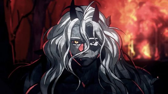A creature with long black hair and pointy black horns looks into the camera as a house burns down behind him