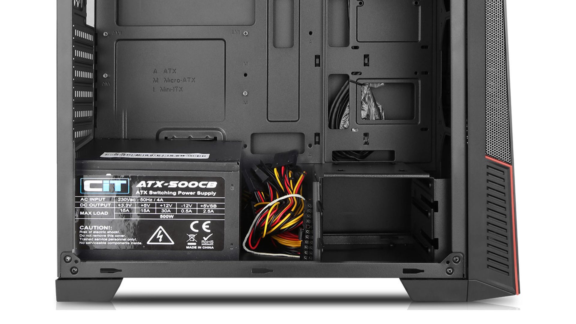 How to install power supply: PC case with PSU at bottom with connected cables