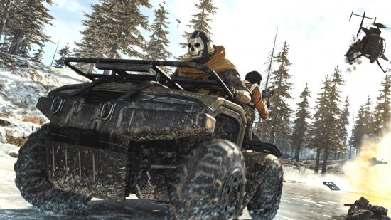 How to play Warzone 1 - an ATV is driving on a snowy path with one driver and one gunner. The gunner is shooting at a helicopter that has blown up another ATV next to them.