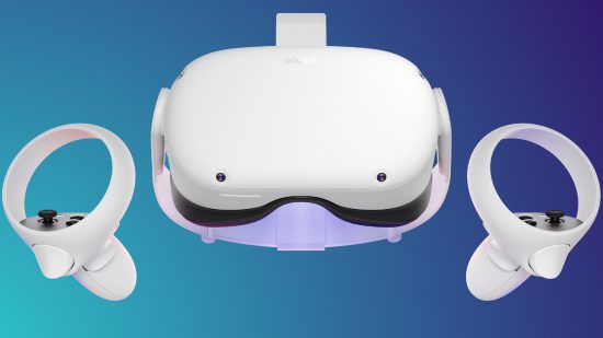 An Oculus Quest 2 VR headset, with its controllers either side of it, against a blue-purple background