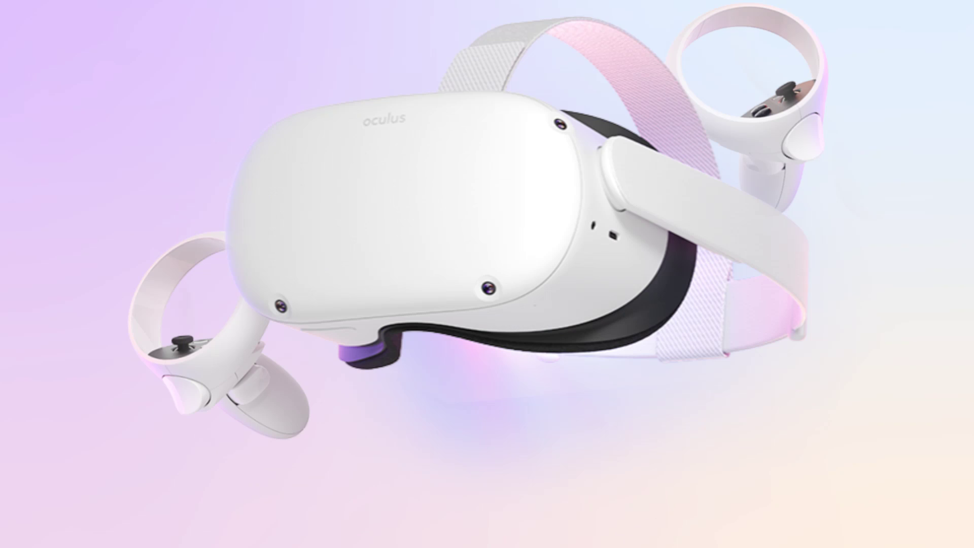 Oculus Quest 2 and controllers on lilac backdrop