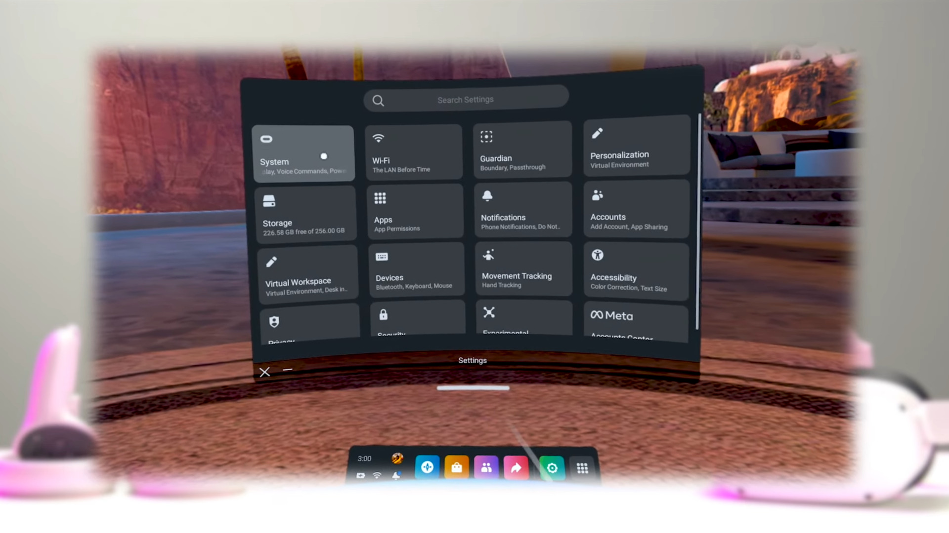 Oculus Quest 2 settings menu in VR mode on screen 
