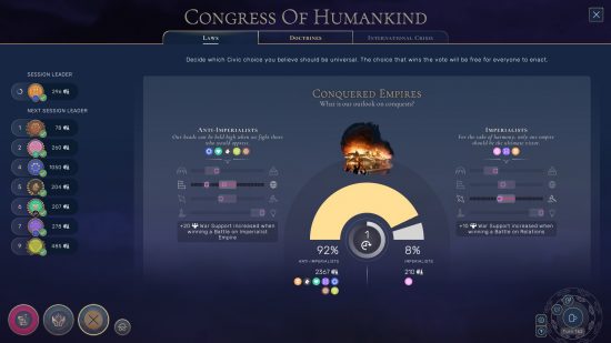 Humankind Together We Rule review: the Congress of Humankind votes on the question of how to treat conquered empires in a proposal that will set an international law
