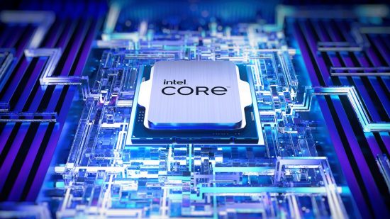 A 13th Gen Intel Core processor against a blue-white silicon board