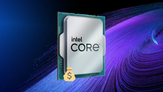 Intel Raptor Lake CPU with money bag emoji on left and Intel themed backdrop
