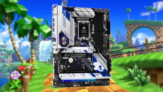 The ASRock Z790 PG Sonic gaming motherboard, flaoting against a blurred Green Hill Zone from Sonic the Hedgehog