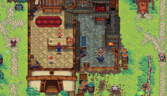 Kynseed release date: A pixel-art scene showing a top-down cutaway view of a home attached to a smithy, with family members sitting at the dining room table and one in the shop cheerfully working at the anvil