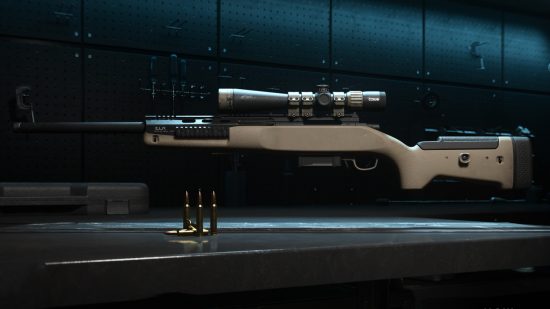 Best Warzone 2 LA-B 330 loadout: an LA-B 330 sniper rifle sits on display