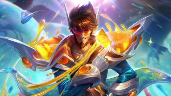 League of Legends AFK tracker "reasonable" despite backlash, Riot says: A man with spiked brown hair wearing a pair of red glasses stands holding a yellow card across his chest with orange gooey shoulder plates and a smirk on his face