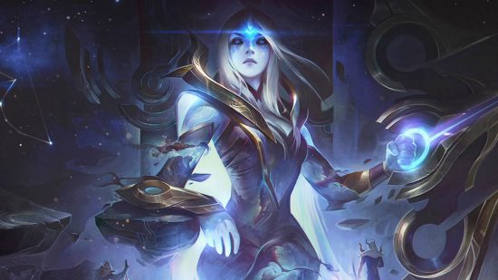 League of Legends ARAM mode nerfs hit Ashe while LeBlanc buffed: A woman with long white hair and blue and gold skin tight armour sits on a celestial throne holding a huge golden bow and arrow