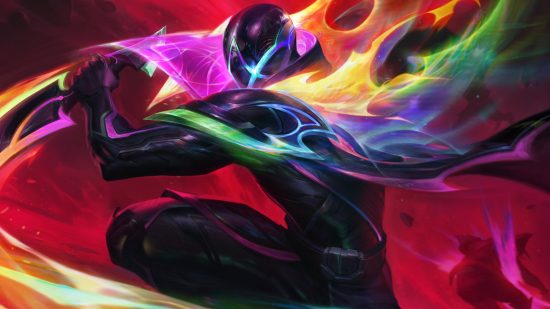 League of Legends Empyrean skins fixed, and they're not even live: A warrior in black armour with neon visor, cape, and knife swipes at the camera on a space red background