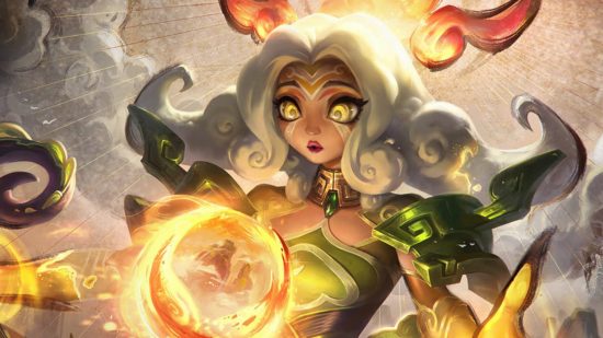 League of Legends Neeko disabled thanks to game-breaking tower bug: A woman with white hair and big yellow cat-like eyes looks in wonder at a ball of glowing amber light