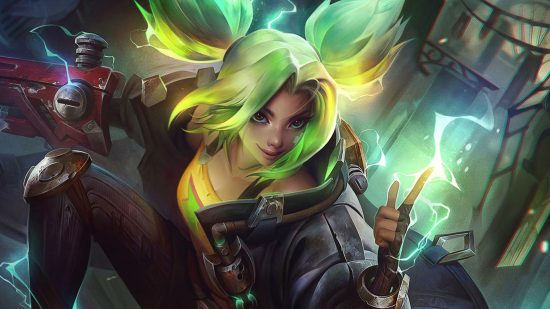 League of Legends patch 12.23 preview: Jungle treat gold slashed: A woman with bright green neon pigtails sparks with electricity bending into the camera holding up two fingers with a red gun in her hand on a city background