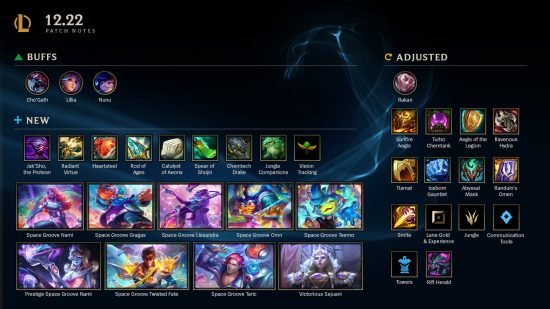A League of Legends patch 12.22 infographic showing all of the changes to the Riot Games MOBA