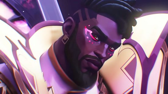 League of Legends Worlds collab was great, but K’Sante sucks: A black man with dreads and neon pink paint under his eyes looks into the camera from the left