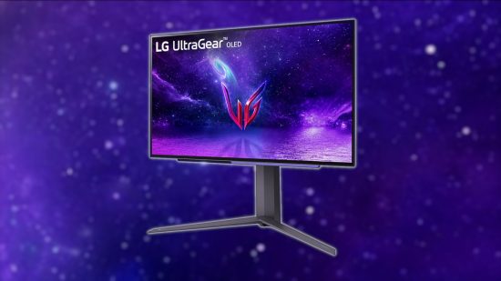 An LG OLED gaming monitor, specifically the 27GR95QE-B, against a blurred purple space background