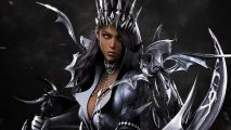 Lost Ark maintenance removes accidental rewards, sparking backlash: A black woman with black long hair wearing a crownlike helmet and ornate spiked armour looks angrily off to the site
