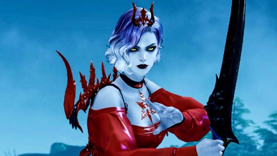 Reaper Ark Reaper - אישה כחולה בהירה עם שיער סגול לבן, לובשת שמלה אדומה ומיתוג פגיון גדול